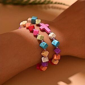 Boho Chic Rainbow Cube Bead Rosary Bracelet Faith Charm Gift Christian Jewelry